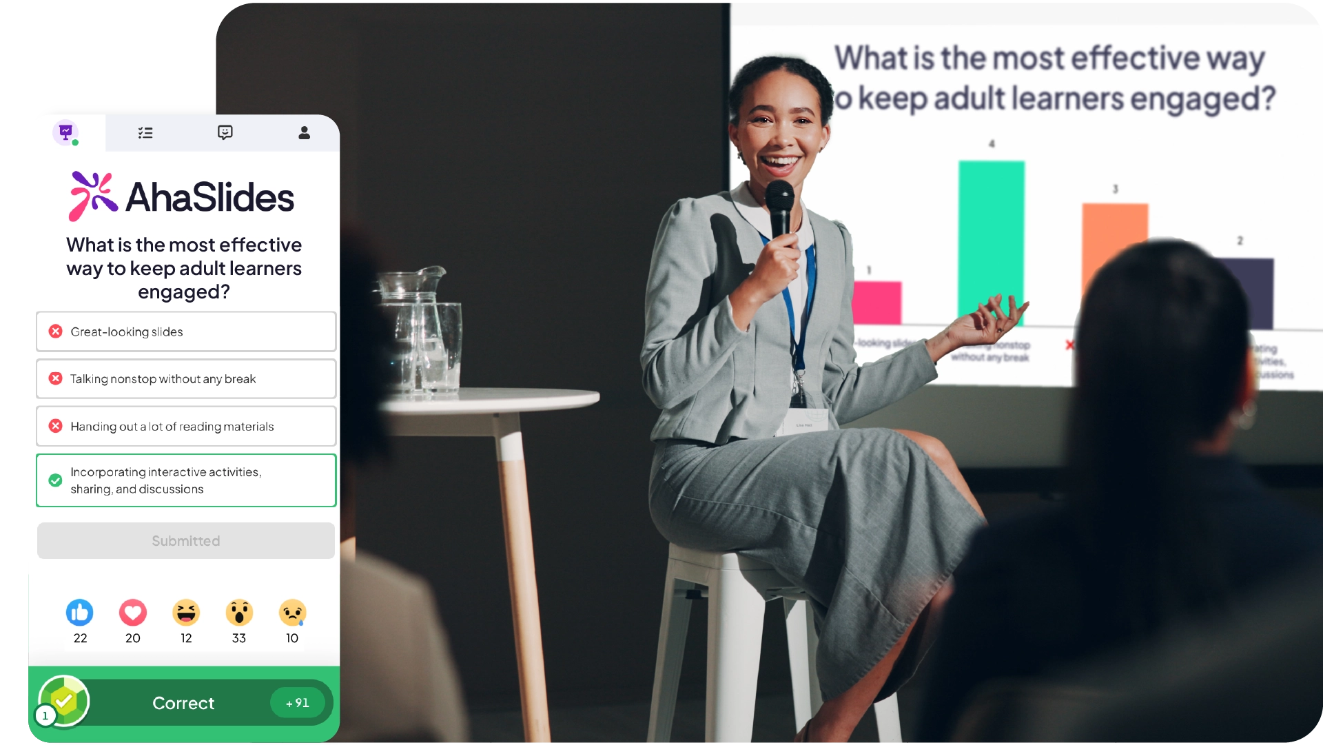 अहास्लाइड्स इंटरॅक्टिव्ह प्रेझेंटेशन प्लॅटफॉर्म वापरून गर्दीसमोर सादरीकरण करणारा एक वक्ता